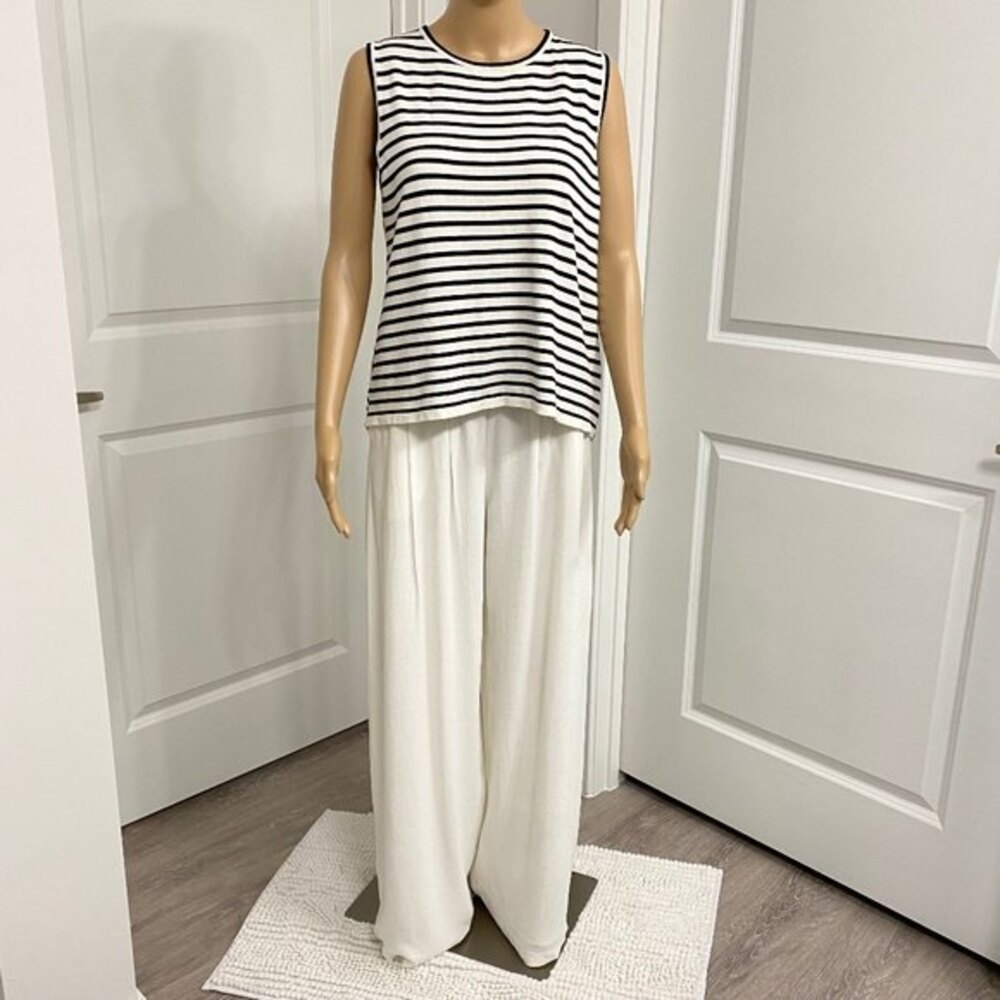 Central Park West Stripe Sleeveless Top Black White M Crossover Tulip Open Back - Picture 2 of 9